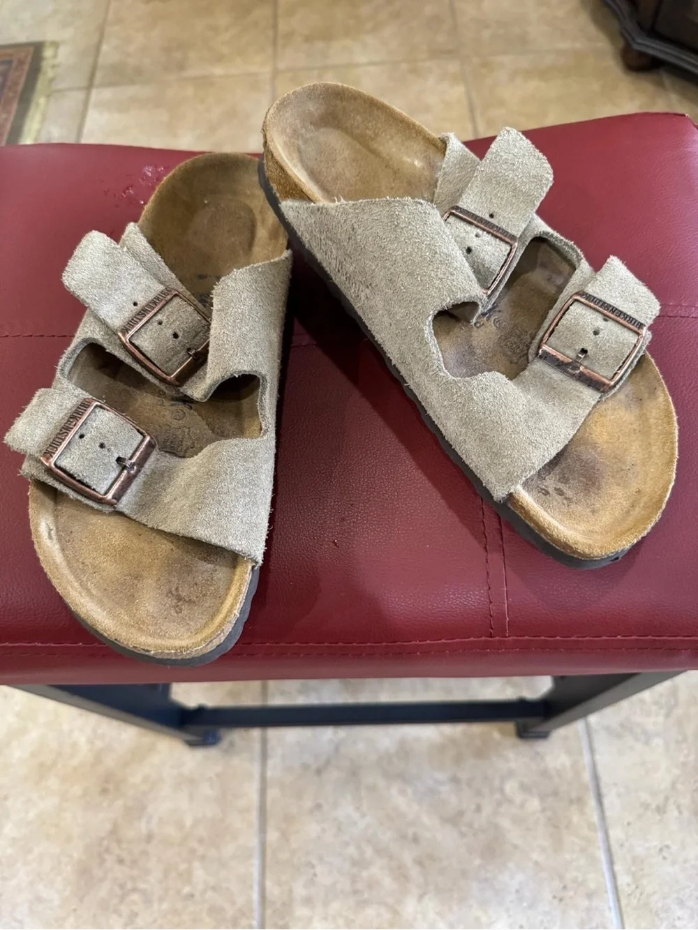 Birkenstock Taupe Suede Two-Strap Sandals with Copper Buckles